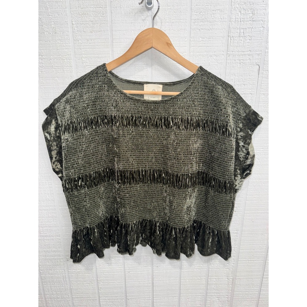 Umgee Velvet Smocked Top Women Olive Green Acid Wash Ruffle Hem Small